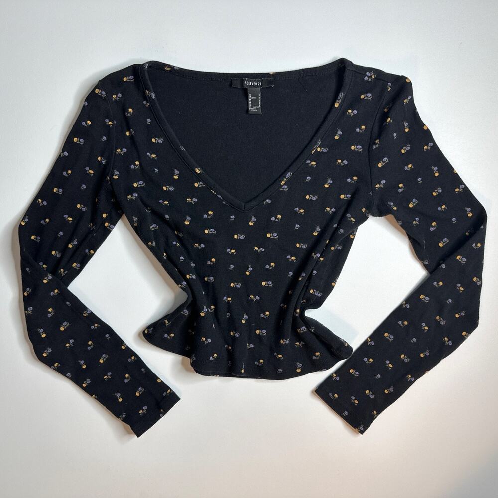 VTG Forever 21 Black Ditsy Floral Crop Top S Y2K Long Sleeve Grunge Cottagecore